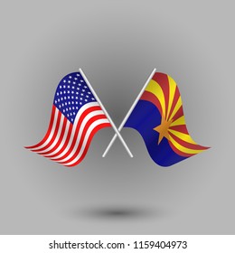 vector two crossed american and flag of arizona on silver sticks - symbols of united states of america usa