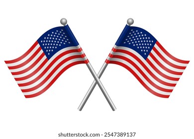 Vector de dos banderas americanas cruzadas en un poste negro con un ícono de estilo plano 3D editable e ilustración de archivo eps escalable para elemento de diseño, emblema, póster, etc.