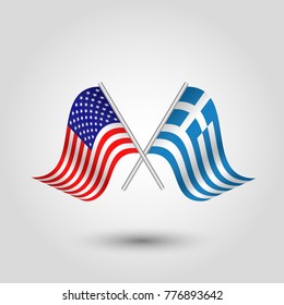vector two crossed american and greek flags on silver sticks - symbol of united states of america and greece 

