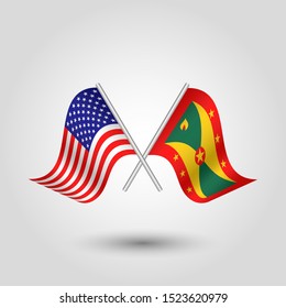 vector two crossed american and grenadian flags on silver sticks - symbol of united states of america and grenada