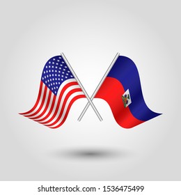 vector two crossed american and haitian flags on silver sticks - symbol of united states of america and haiti