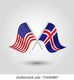 vector two crossed american and icelandic flags on silver sticks - symbol of united states of america and iceland