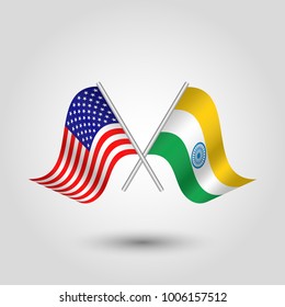 vector two crossed american and indian flags on silver sticks - symbol of united states of america and india