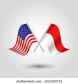 vector two crossed american and indonesian flags on silver sticks - symbol of united states of america and indonesia