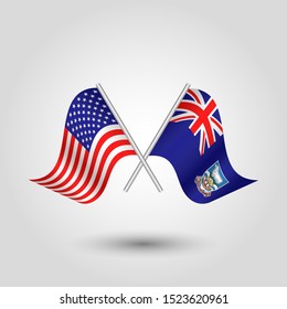 vector two crossed american and islander flags on silver sticks - symbol of united states of america and falkland islands