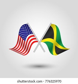 vector two crossed american and jamaican flags on silver sticks - symbol of united states of america and jamaica