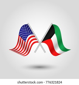 vector two crossed american and kuwaiti flags on silver sticks - symbol of united states of america and kuwait