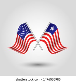 vector two crossed american and liberian flags on silver sticks - symbol of united states of america and liberia