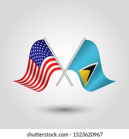 vector two crossed american and lucian flags on silver sticks - symbol of united states of america and saint lucia