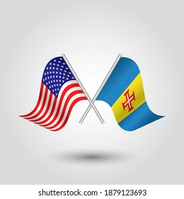 vector two crossed american and madeirense flags on silver sticks - symbol of united states of america and madeira