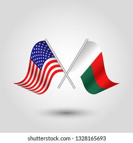 vector two crossed american and malagasy flags on silver sticks - symbol of united states of america and republic of madagascar
