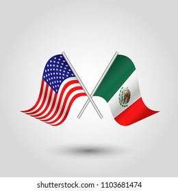 vector two crossed american and mexican flags on silver sticks - symbol of united states of america and mexico