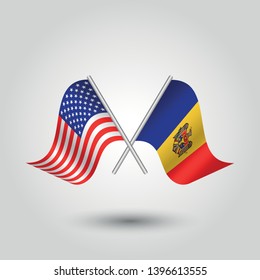 vector two crossed american and moldovan flags on silver sticks - symbol of united states of america and moldova
