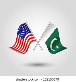 vector two crossed american and pakistani flags on silver sticks - symbol of united states of america and pakistan