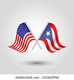 vector two crossed american and rican flags on silver sticks - symbol of united states of america and puerto rico