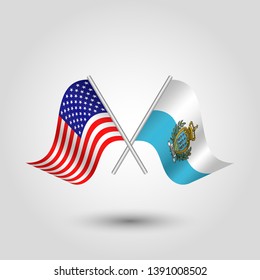 vector two crossed american and sanmarinese flags on silver sticks - symbol of united states of america and san marino