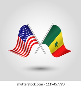 vector two crossed american and senegalese flags on silver sticks - symbol of united states of america and senegal