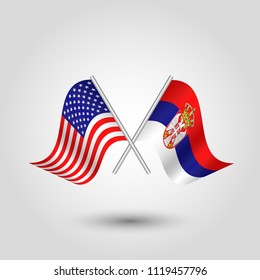vector two crossed american and serbian flags on silver sticks - symbol of united states of america and serbia