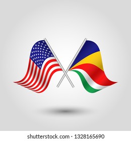 vector two crossed american and seychelliose flags on silver sticks - symbol of united states of america and republic fo seychelles
