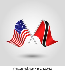 vector two crossed american and trinidadians tobagonians flags on silver sticks - symbol of united states of america, trinidad and tobago