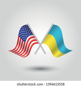 vector two crossed american and ukrainian flags on silver sticks - symbol of united states of america and ukraina