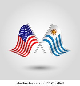 vector two crossed american and uruguayan flags on silver sticks - symbol of united states of america and uruguay
