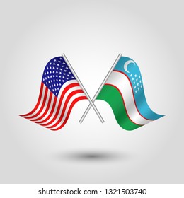 vector two crossed american and uzbek flags on silver sticks - symbol of united states of america and uzbekistan