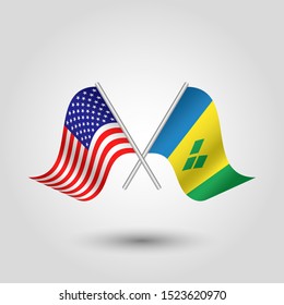 vector two crossed american and vincentian flags on silver sticks - symbol of united states of america and saint vincent and the grenadines