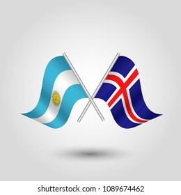 vector two crossed argentine and icelandic flags on silver sticks - symbol of argentina and iceland