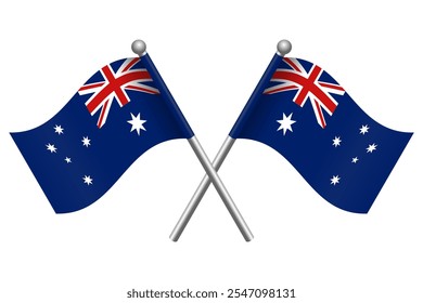 Vector de dos banderas australianas cruzadas en un poste negro con un ícono de estilo plano 3D editable e ilustración de archivo eps escalable para elemento de diseño, emblema, póster, etc.