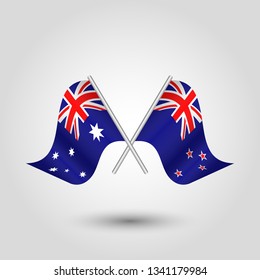 vector two crossed australian and zealander flags on silver sticks - symbol of australia and new zealand