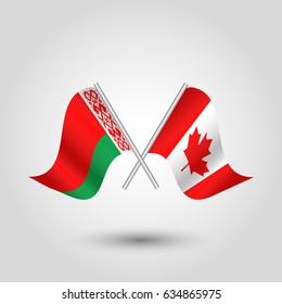 vector two crossed belarusian and canadian flags on silver sticks - symbol of belarus and canada