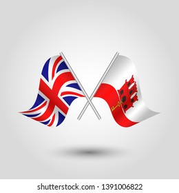 vector two crossed british and gibraltarian flags on silver sticks - symbol of united kingdom and gibraltar