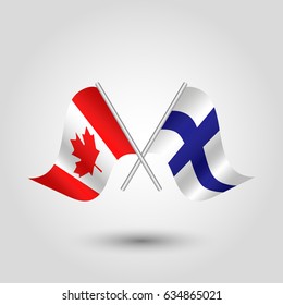 vector two crossed canadian and finnish flags on silver sticks - symbol of canada and finland