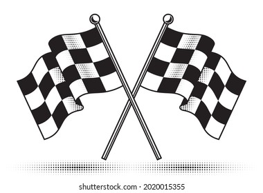 Vector two crossed checkered flags. Black and white design, halftone gradients. Optional ground shadow