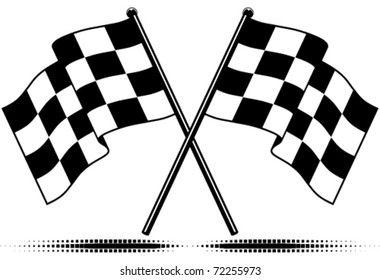 Vector two crossed checkered flags. Black and white design (gradient free).  Optional ground shadow.