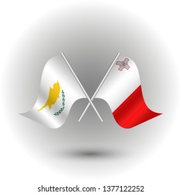 vector two crossed cypriot and maltese flags on silver sticks - symbol of cyper and malta