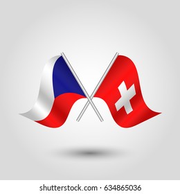 vector two crossed czech and swiss flags on silver sticks - symbol of czech republic and switzerland