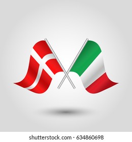 vector two crossed danish and italian flags on silver sticks - symbol of denmark and italy