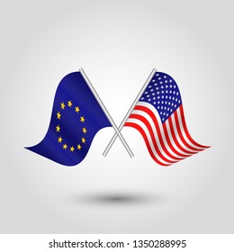 vector two crossed eu and american flags on silver sticks - symbol of european union and usa united states of america