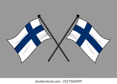 Vector de dos banderas cruzadas de Finlandia en un poste negro con un ícono de estilo plano 3D editable e ilustración de archivo eps escalable para elemento de diseño, emblema, póster, etc.