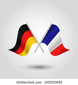 vector two crossed german and french flags on silver sticks - symbol of germany and france
