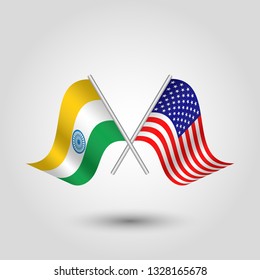 vector two crossed indian and american flags on silver sticks - symbol of united states of america and republica of india