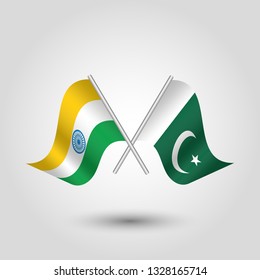 vector two crossed indian and pakistani flags on silver sticks - symbol of india and islamic republic of pakistan