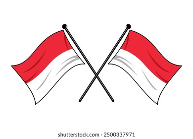 Vector of two crossed Indonesian flags on a black pole with editable 3d flat style icon and scalable eps file illustration for design element, emblem, poster, etc.