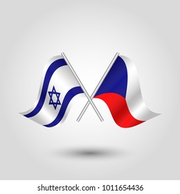 vector two crossed israeli and czech flags on silver sticks - symbol of israel and czech republic