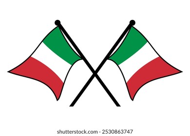 Vector of two crossed Italian flags on a black pole with editable 3d flat style icon and scalable eps file illustration for design element, emblem, poster, etc.