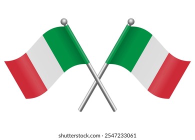 Vector of two crossed Italian flags on a black pole with editable 3d flat style icon and scalable eps file illustration for design element, emblem, poster, etc.