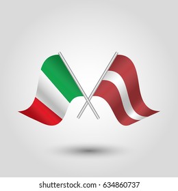 vector two crossed italian and latvian flags on silver sticks - symbol of italy and latvia