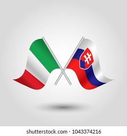vector two crossed italian and slovak flags on silver sticks - symbol of italy and slovakia